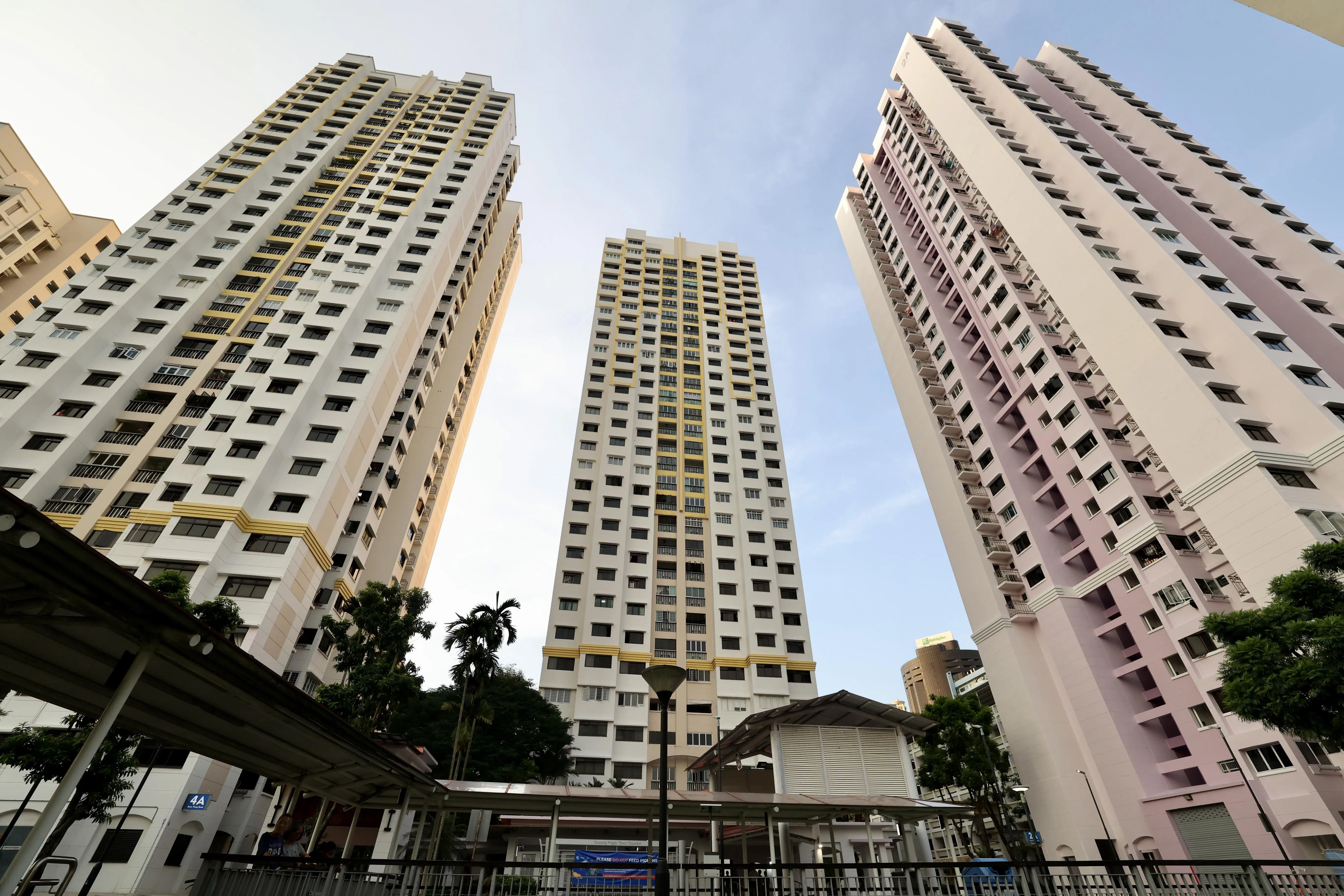 中峇鲁文忠路组屋近日开始粉刷，外墙由原有的黄色与白色换成紫色，引发居民争议。目前仅第2A座组屋（右）完成粉刷，其他工程已暂停。丹戎巴葛集选区议员符策翔说，将让居民投票决定外观设计，选项包括调整现有设计，改用较浅的紫色，以及维持原有的浅黄色外观。（邝启聪摄）