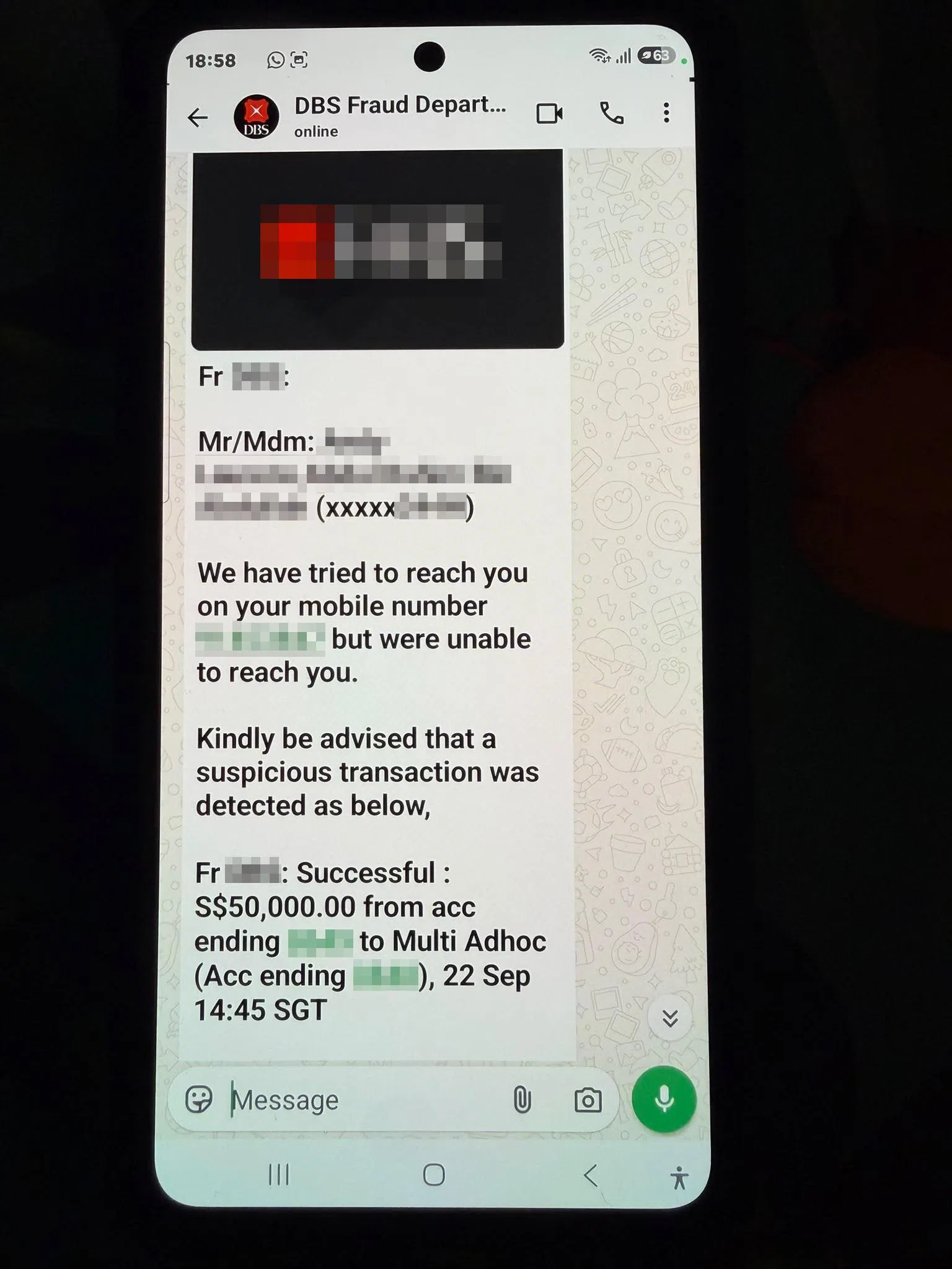 骗子冒充“星展银行诈骗部门”，声称老翁的银行户头出现一笔可疑交易，但联系不上他，并请他回电。（受访者提供）