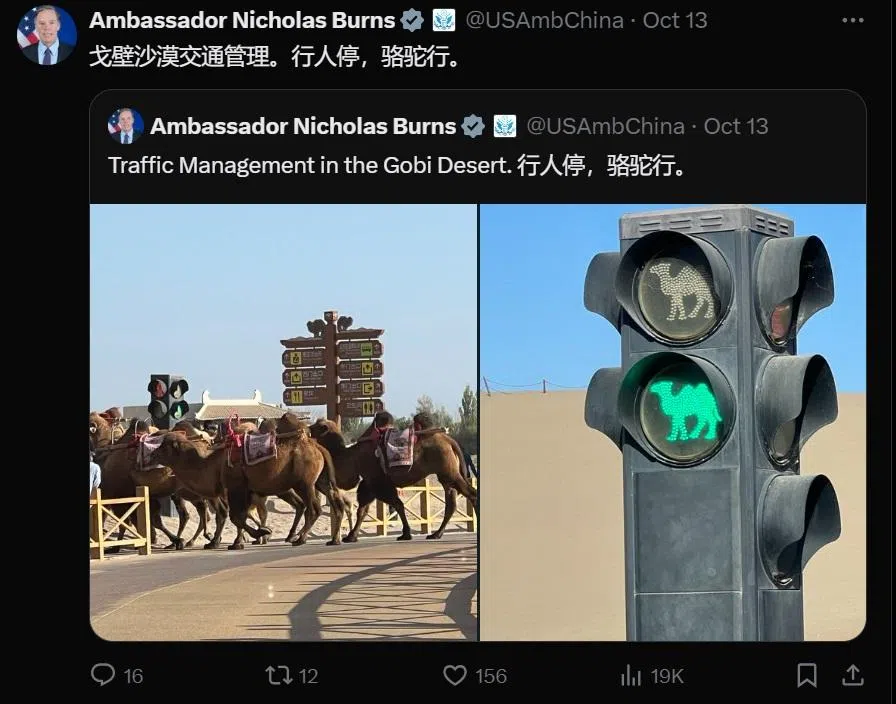 美国驻华大使伯恩斯到访敦煌时，对“骆驼红绿灯”留下深刻印象。（伯恩斯X平台截图）