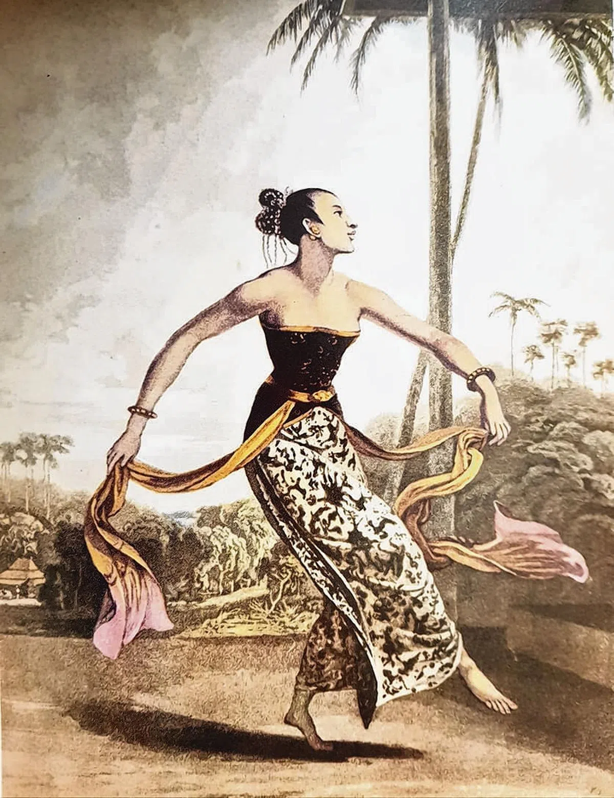 莱佛士《爪哇史》插图：身着峇迪纱笼的女舞者。