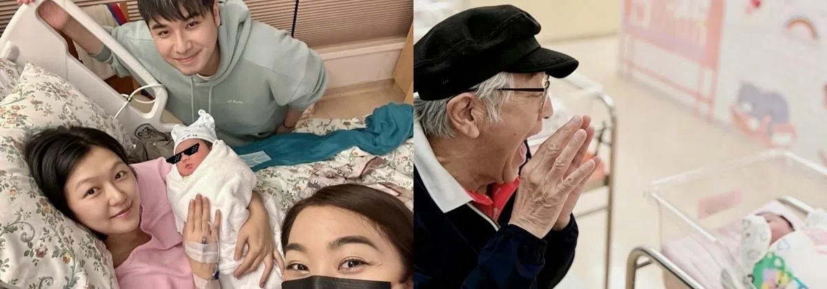 姜文杰（左图上）晒出多张女儿的照片，除了温馨的一家三口合照，爸爸秦沛（右图）和妹妹姜丽文（左图右下角）也特地前往医院探望。（取自艺人IG）