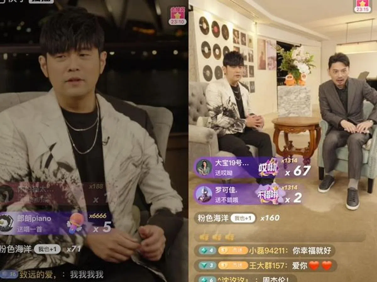 周杰伦18日开直播分享“可以说的秘密”，邀请阿Ken（右图右）担任主持人，吸引689万人同时在线观看。（互联网）