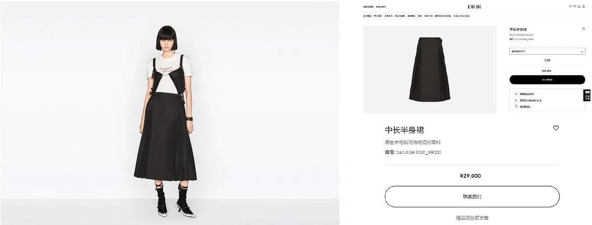 引起争议的迪奥半身裙（左）在中国官网定价2万9000元人民币。（迪奥官网／互联网） 