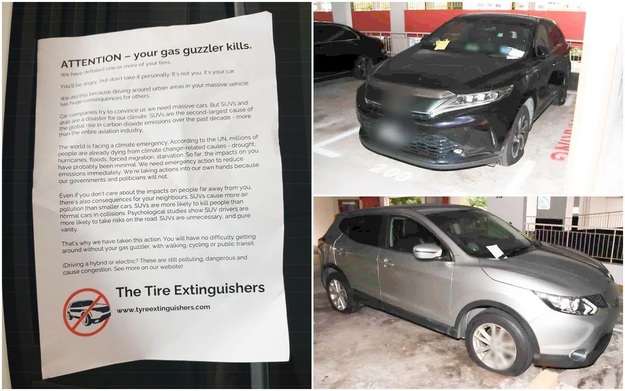 被告因对运动型多功能车（SUV）破坏环境不满，把绿豆塞入七辆汽车的轮胎气门嘴，并留下环保传单（左图）。（取自法庭文件、新加坡警察部队提供）