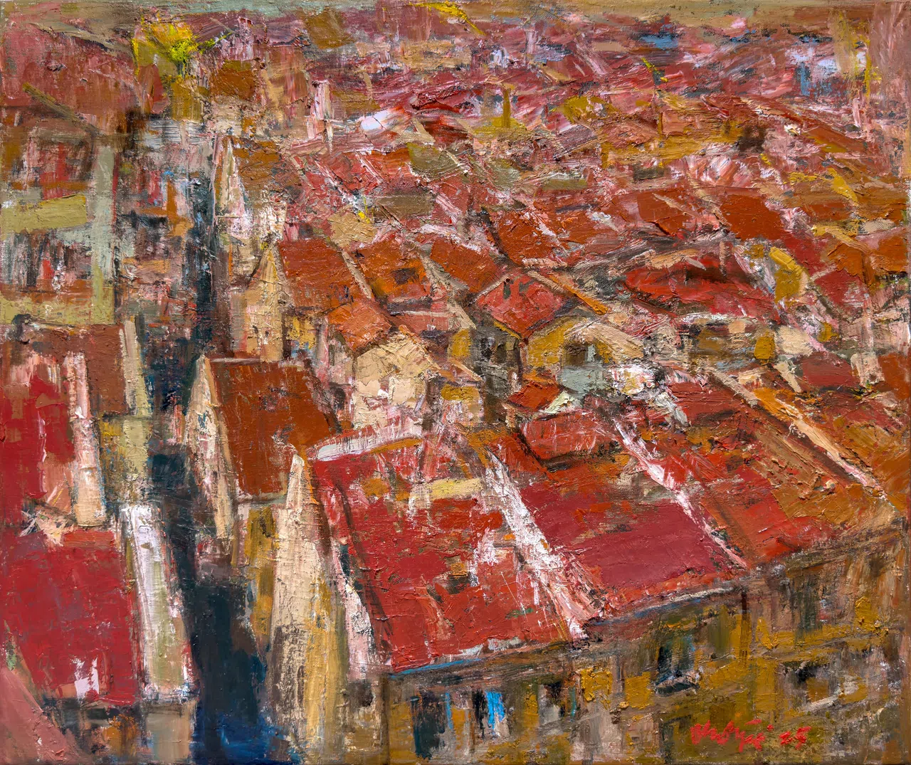 陈楚智唯一以屋顶为主角的油画《牛车水屋顶》。（嘉合画轩提供）