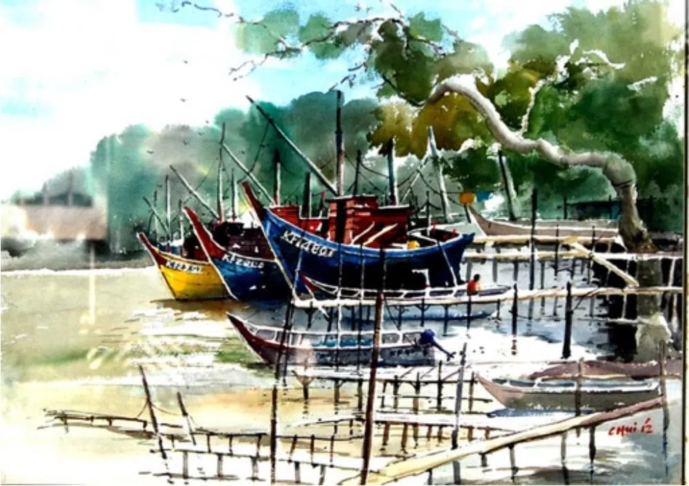 谢江水水彩画《马来西亚吉打渔村》（2012）。（那薇画廊提供）