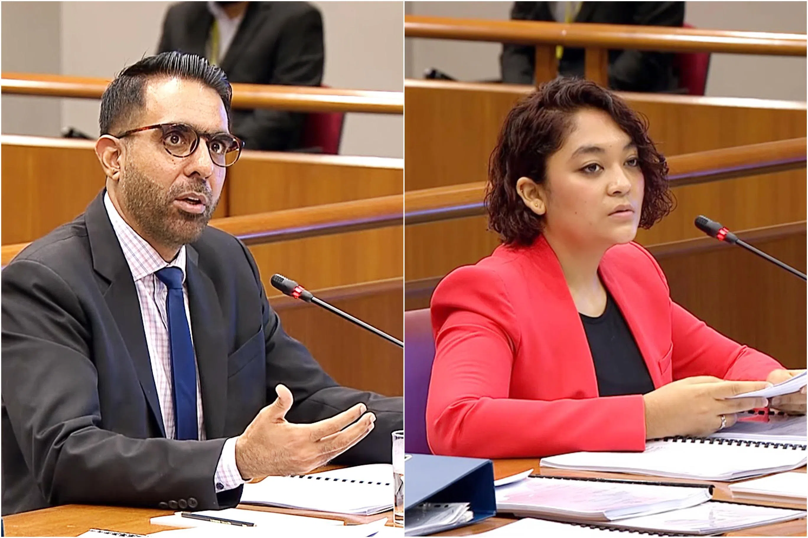 国会反对党领袖、工人党秘书长毕丹星（左）被指在2021年12月向国会特权委员会供证时，对是否要求工人党盛港集选区前议员辣玉莎（右）坦白在国会说谎一事，做出不实陈述，两项抵触《国会（特权、豁免和权力）法令》的控状罪名成立。（档案照片）