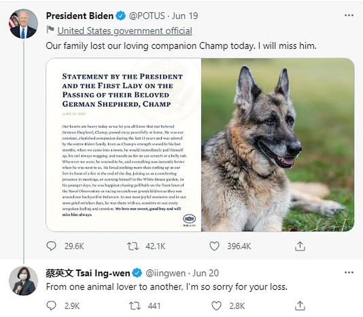 当地时间6月19日，拜登在推特宣布爱犬Champ去世，蔡英文随后留言表示哀悼。（推特截图） 