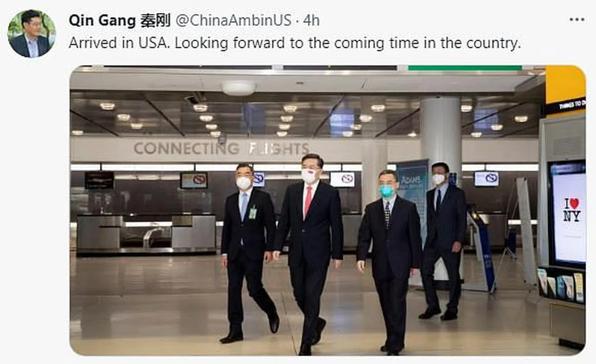 秦刚发出到任后首条推特，推文内容为，“已抵达美国，期待在这个国家接下来的时光”。（推特截图）