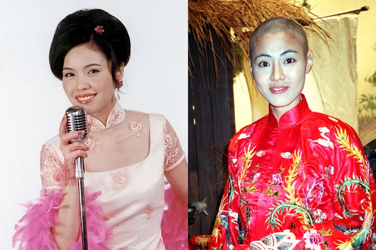 郑惠玉（左）在《另类佳人》演女鬼，许美珍为《出路》剃头。（档案照片）