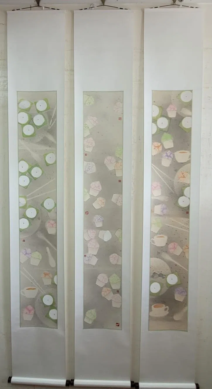 黄进福取材自本地美食的彩墨画《回味⑴⑵⑶》。（啸涛篆刻书画会提供）