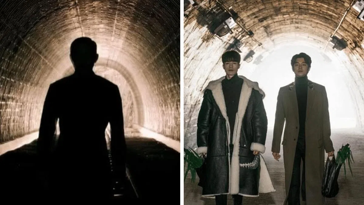 王禄江自拍的宣传片（左图），让人想到韩剧《鬼怪》（右图）里孔刘和李栋旭从隧道走出来的画面。（互联网）