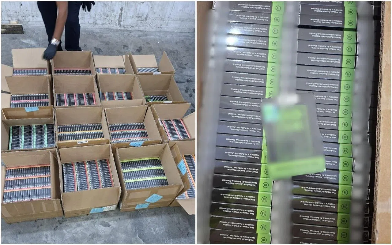 集装箱内的货物被申报为充电宝，但当局从货物中搜出超过9200个电子烟弹。（新加坡警察部队提供）