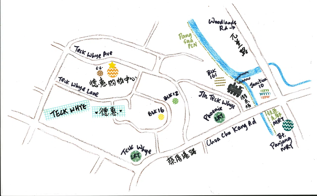 Teck Whye坐落在蔡厝港和武吉班让之间，邻近武吉班让地铁站及凤凰（Phoenix）和德惠（Teck Whye）两个轻轨站。（陈映蓁手绘）