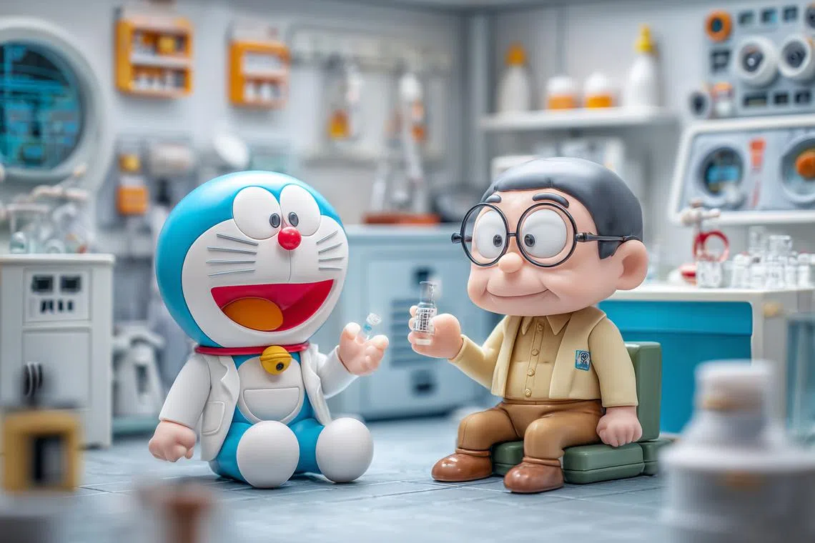 有一天大雄变老，小叮当依旧陪在他身边，拿出科技药丸，提醒他按时吃药。（李雅歌制图／由人工智能画图网站Midjourney生成）