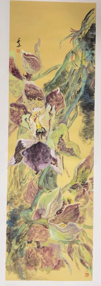莫尼取材南洋的胡姬花画，用色强烈。（莫尼提供）
