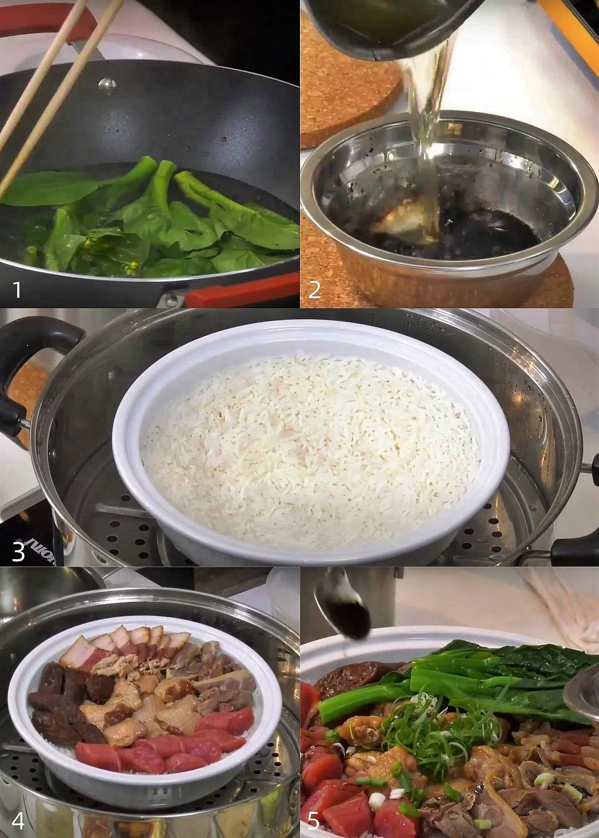 皆大欢喜港式腊味饭烹调步骤。（视频截图）
