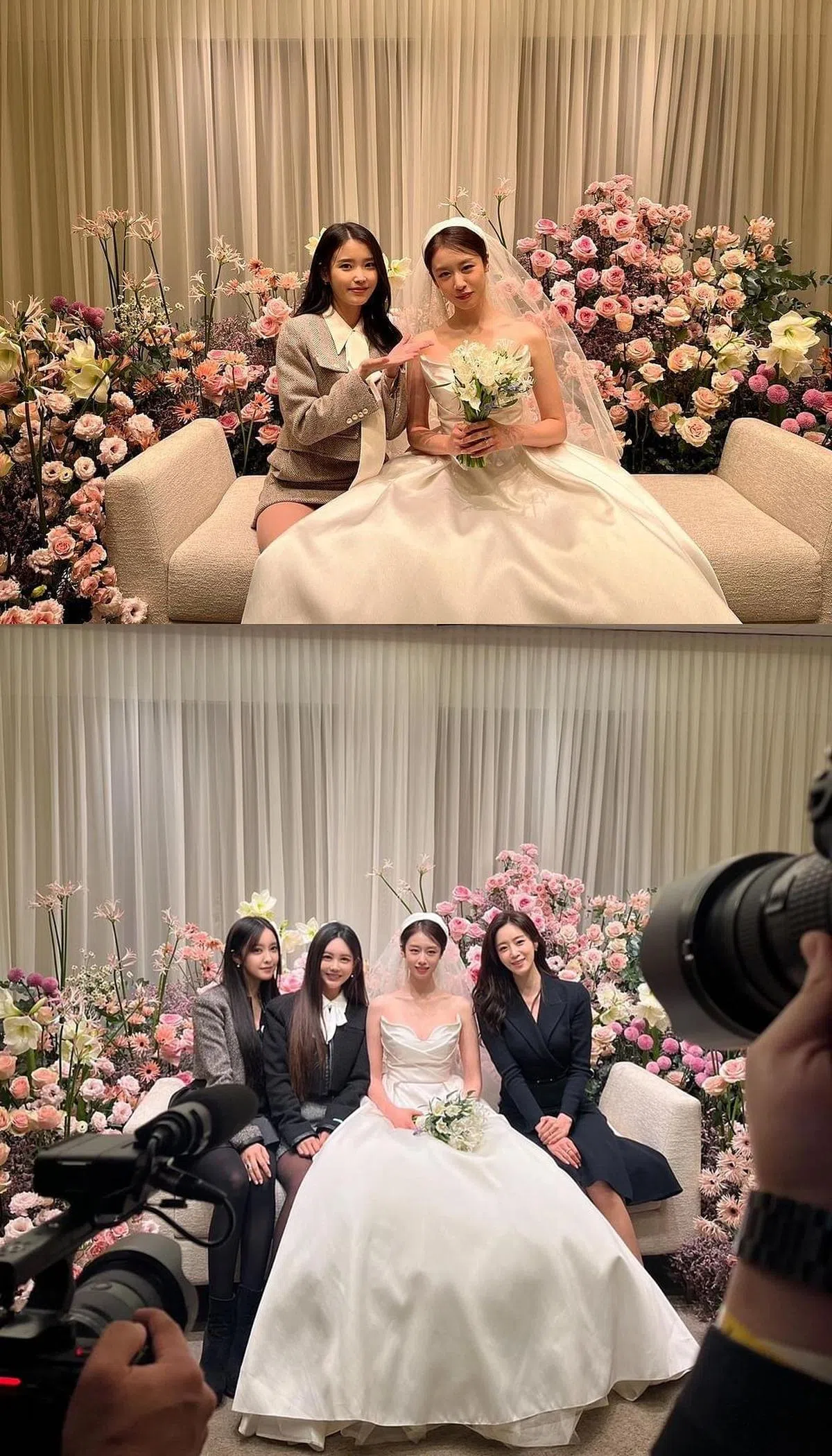 芝妍在IG分享好友们来参加婚礼的照片，上图为IU、下图为T-ara成员。（取自艺人Instagram）