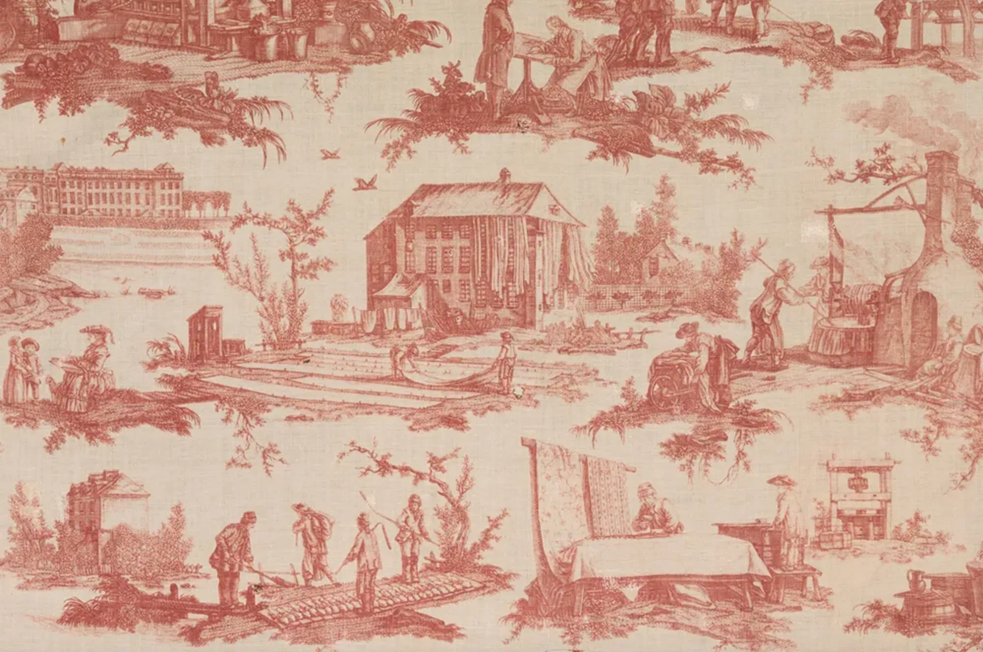 这幅1783年的印花布展示茹伊印花布是如何印染而成的。（互联网）