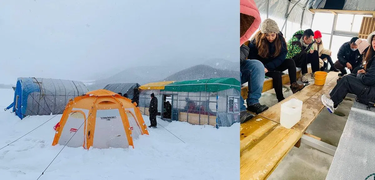 冰钓的帐篷内部，旅人们各坐一排等待鱼儿上钩。（Club Med提供）
