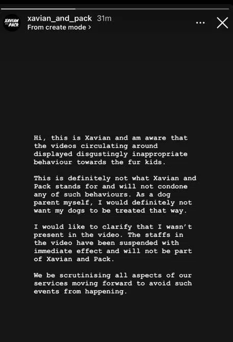 Xavian and Pack在Instagram发限时动态强调训狗师的行为是不可接受的，公司不认同这样的行为，并称两名训狗师已被停职。（取自Xavian and Pack Instagram）