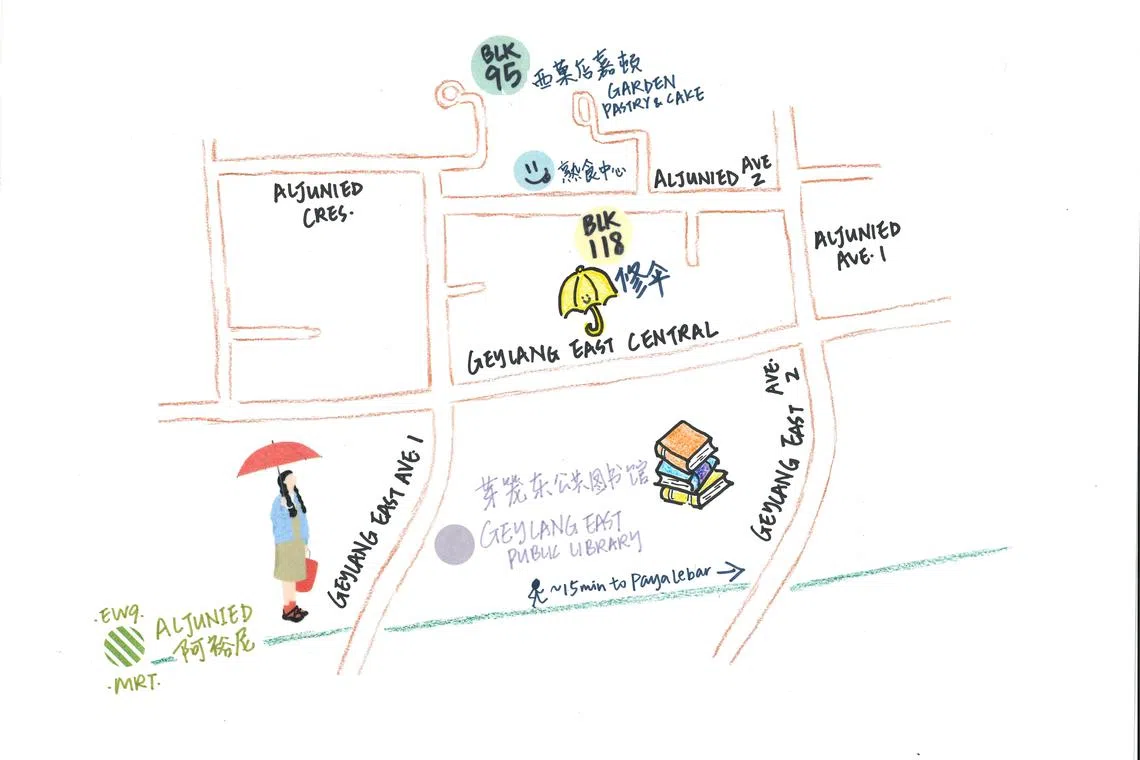 此芽笼非彼芽笼，阿裕尼地铁站附近的芽笼东中心是成熟组屋区，深得街坊喜爱。（陈映蓁手绘）