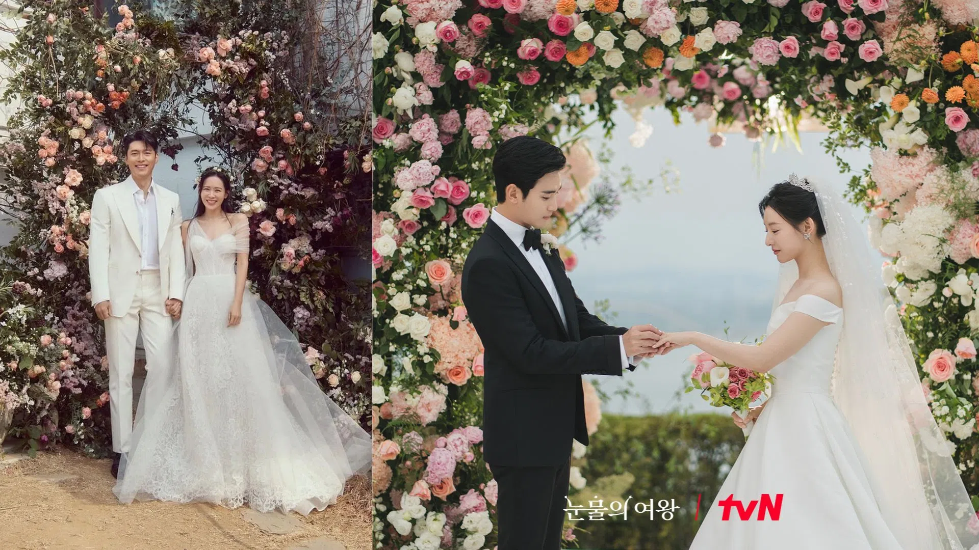 白贤佑和洪海仁的“世纪婚礼”（右图）参考了玄彬和孙艺珍的婚礼布景（左图）。（互联网、tvN脸书）