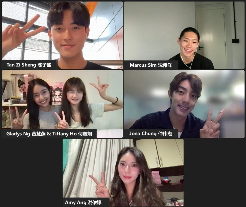 12名“才华”新秀接受媒体视讯访问，图为陈子盛（左上角起顺时针）、沈伟洋、仲伟杰、洪依嬣、黄慧燕（左）和何睿烔。（新传媒提供）
