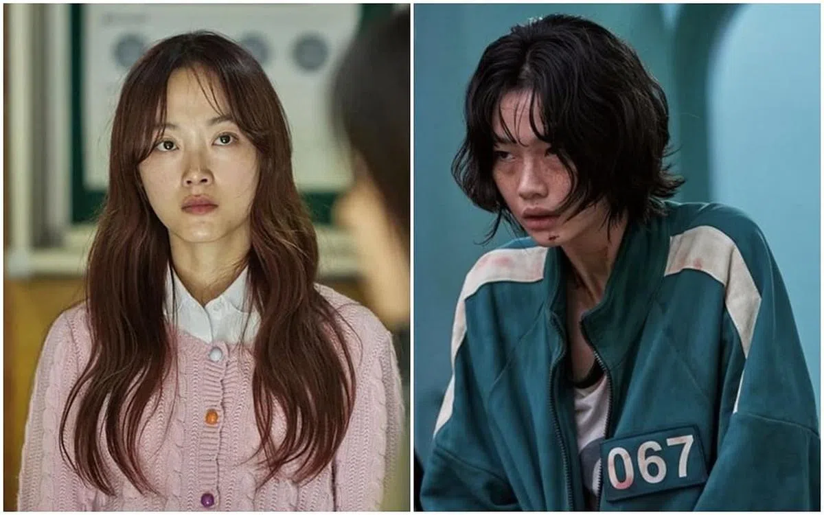 李瑜美（左图）以《僵尸校园》入围，她将与《鱿鱼游戏》里的战友郑好娟（右图）争夺最佳女新人奖。（互联网） 