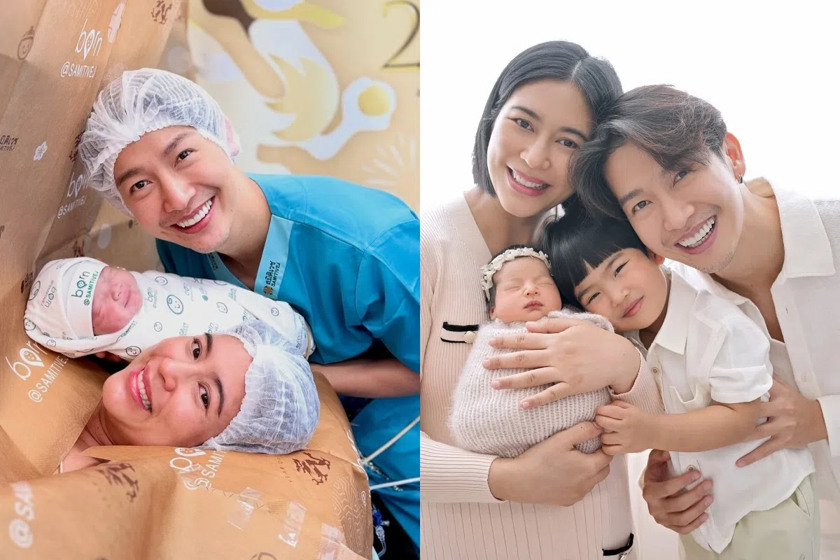 夫妇俩晒出在产房的照片（左图）和一家四口的崭新全家福（右图）。（取自艺人IG）