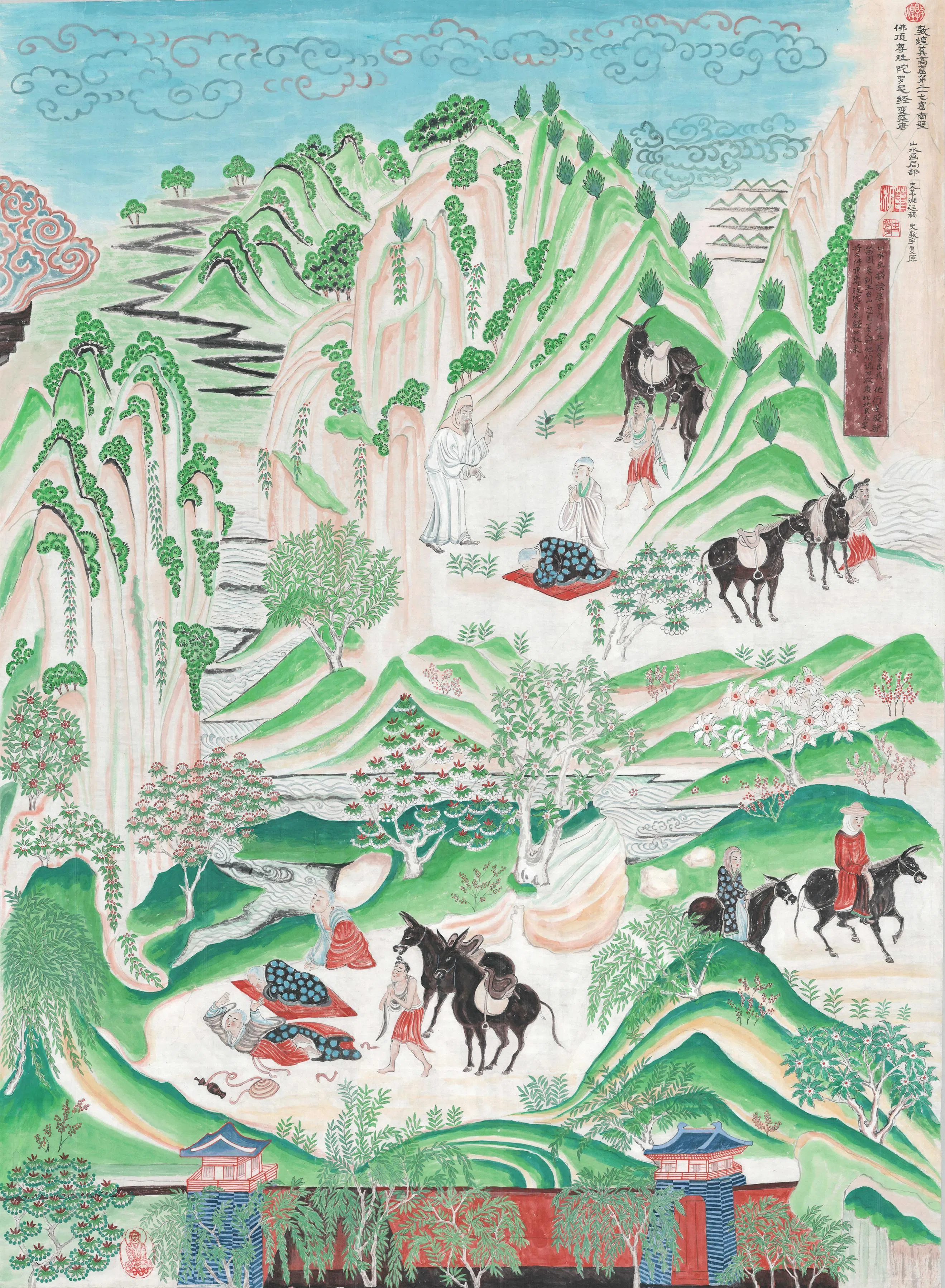 史敦宇《佛顶尊胜陀罗尼经变青绿山水》（盛唐·莫高窟第217窟》（2002），该窟青绿山水早于北宋《千里江山图》约400年。（史敦宇提供）